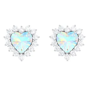 Heart Shape Ethiopian Opal Stud Earrings with Moissanite Halo