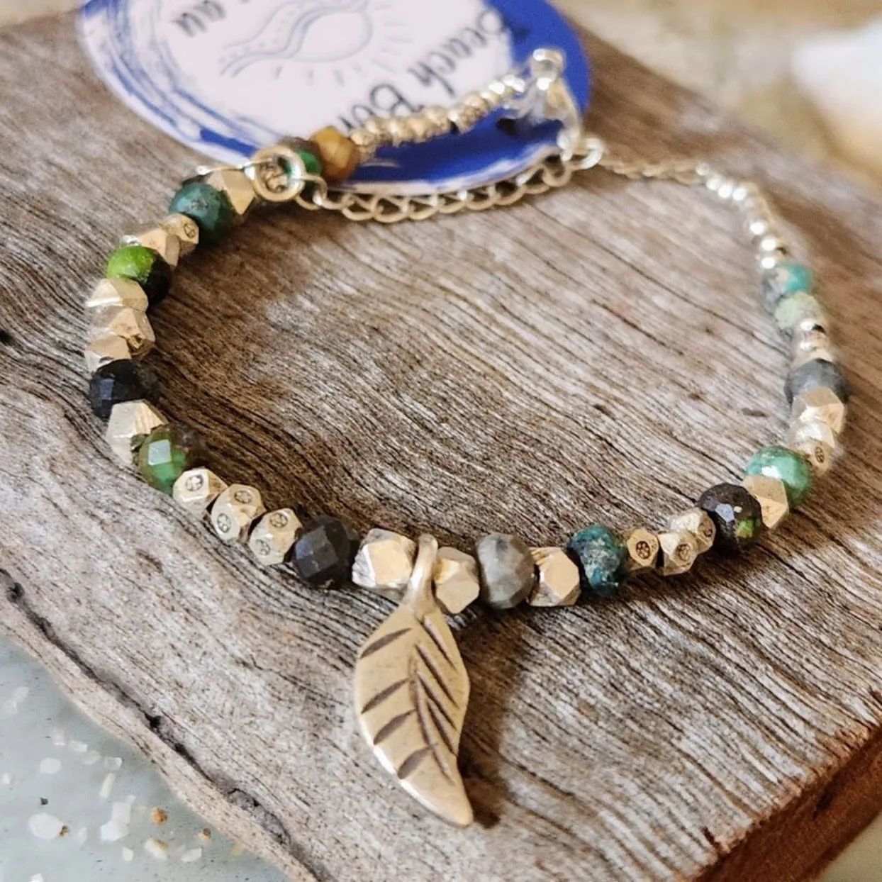 TURQUOISE FACETED - HILLTRIBE LEAF SILVER BRACELET